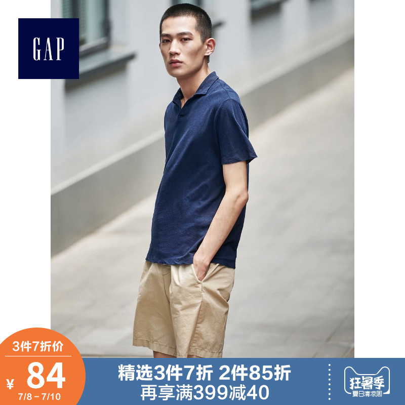 Gap男装亚麻短袖Polo衫夏季464242 2019新款薄款上衣男士翻领T恤