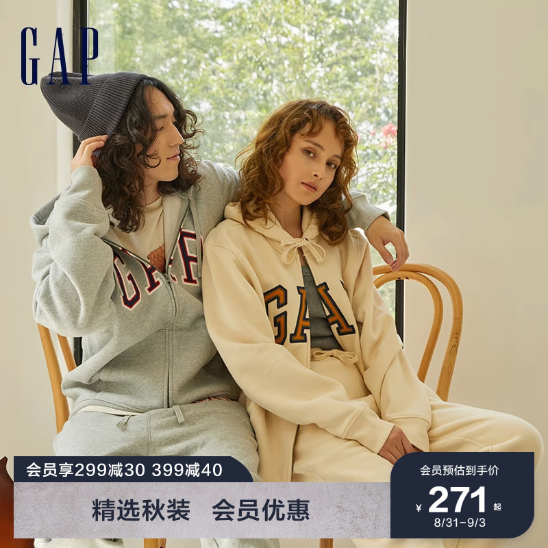 Gap男女装秋季款LOGO碳素软磨抓绒卫衣461135情侣装运动休闲外套