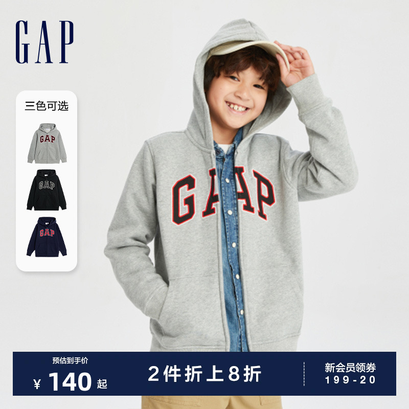 Gap男童秋冬LOGO碳素软磨抓绒卫衣连帽衫儿童装宽松柔软舒适上衣