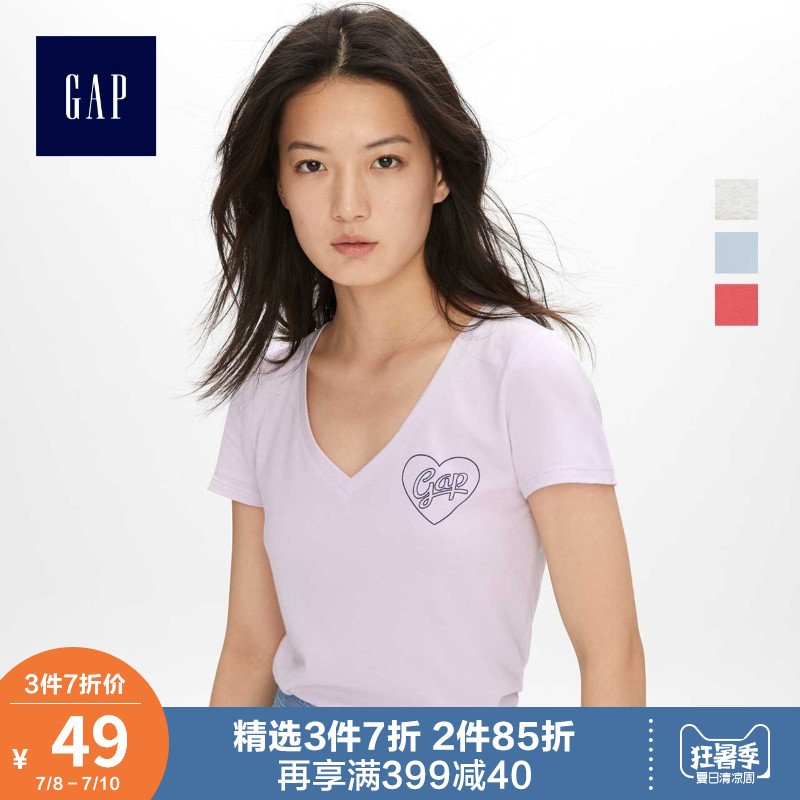 Gap女装时尚短袖T恤夏季464035 E 2019新款莫代尔女士V领印花上衣