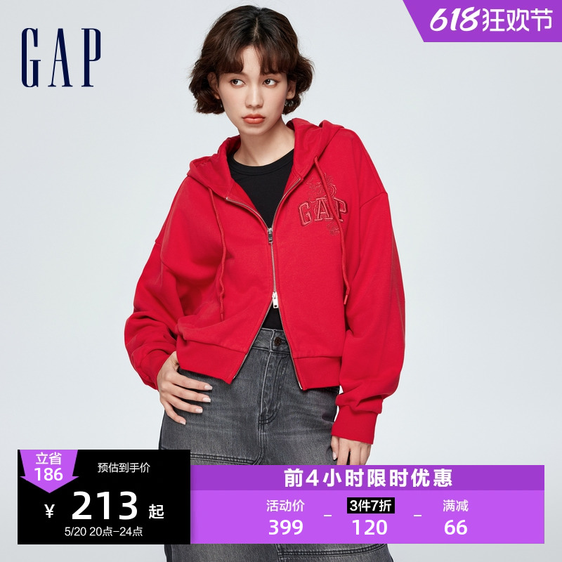 Gap女装2024春季龙纹LOGO刺绣宽松连帽衫时尚舒适运动卫衣433672