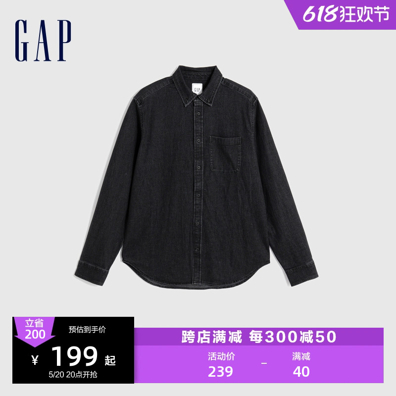 Gap男装春秋时尚休闲翻领长袖牛仔衬衫柔软舒适百搭上衣731393