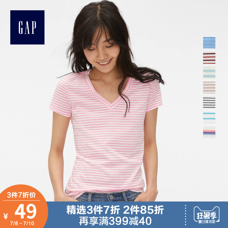 Gap女装纯棉短袖T恤夏季440753 2019新款洋气条纹女士修身V领上衣