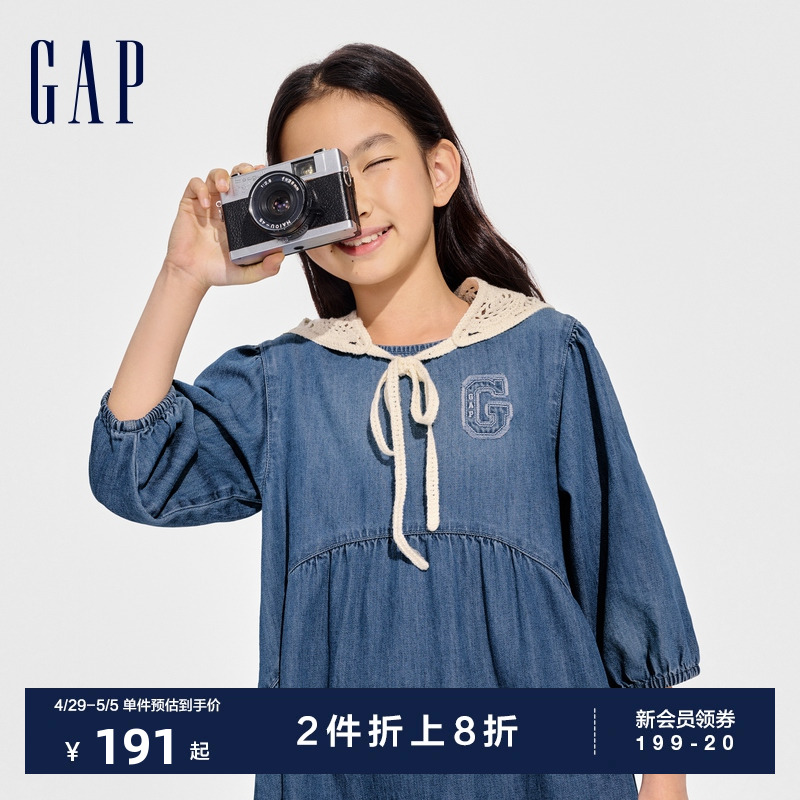 Gap女童2024春季新款贴布绣logo八分袖轻薄牛仔连衣裙A字裙890490 童装/婴儿装/亲子装 连衣裙 原图主图