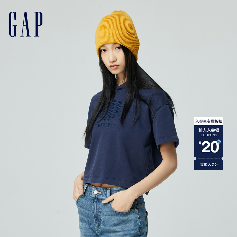 Gap女装2024春夏新款logo简约宽松短袖连帽卫衣套头上衣874526