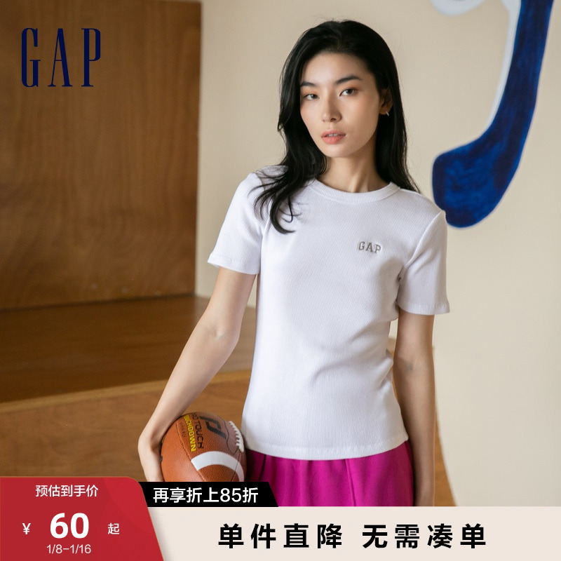 【断码优惠】Gap女装夏季LOGO正肩纯棉罗纹T恤400960辣妹修身上衣