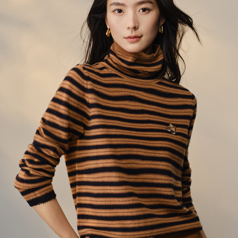 2026秋冬新款100%纯山羊绒衫女士高领条纹针织打底衫毛衣宽松上衣