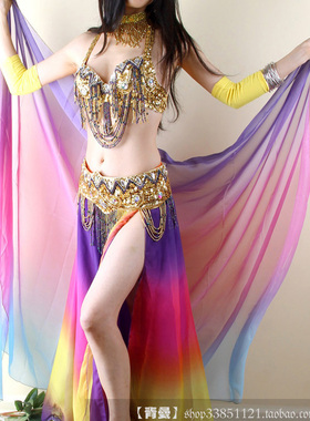 青曼黄色紫色肚皮舞表演配饰抛纱仿真丝多色渐变手纱头纱纱巾