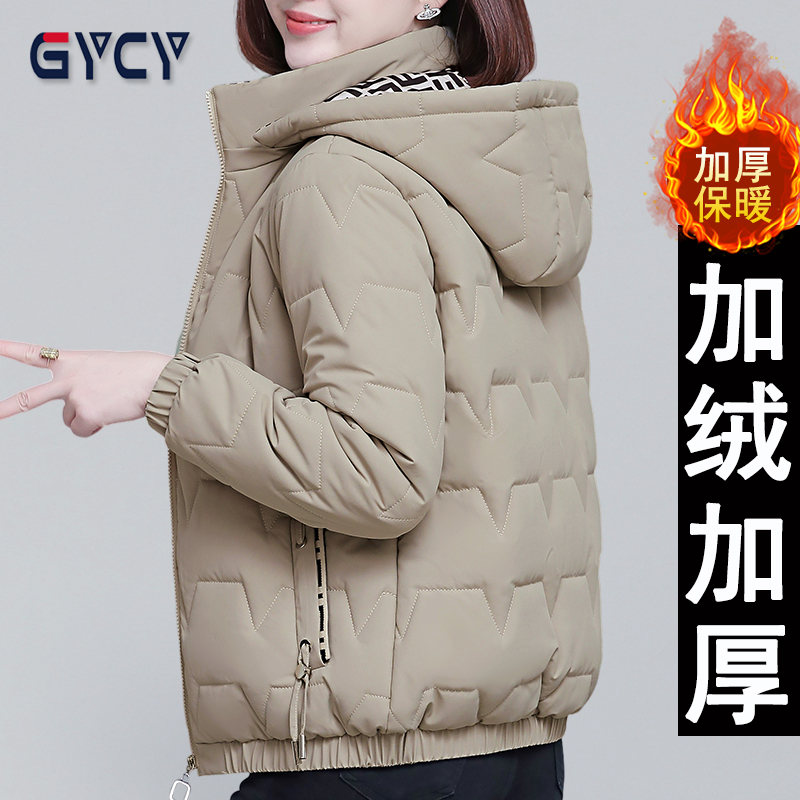 品牌冬季新款韩版减龄连帽棉服女时尚简约外穿加绒加厚保暖棉衣