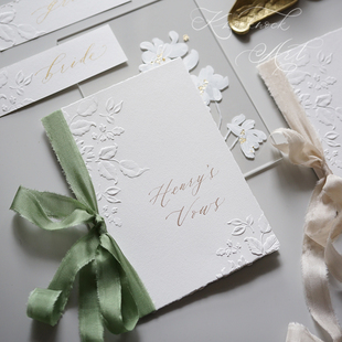 KKlife 定制婚礼结婚手写浮雕花卉叶子誓言誓词卡清新复古毛边纸