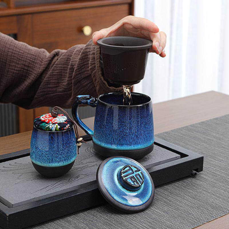 窑变釉陶瓷水杯带盖过滤茶水分离泡茶杯喝茶办公杯个人专用耐高温
