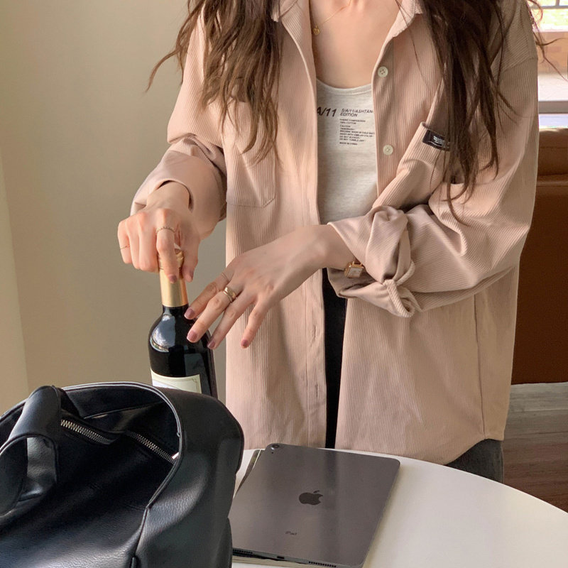 ins小众灰调橡皮粉软糯垂感灯芯绒衬衣外套学院风少女休闲厚衬衫