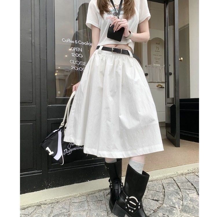 日系工装风白色大裙摆半身裙小个子女生山本风坠感A字遮肉中裙夏