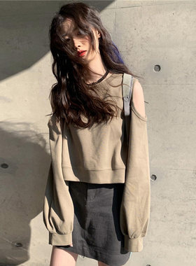 韩范小众设计感两穿露肩卫衣外套学院风小个子女生奶咖色短款卫衣