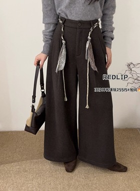 红唇25515秋冬新款韩系宽松显瘦毛呢裤女丝巾腰绳阔腿裤休闲裤