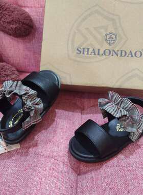 沙龙岛 夏季时尚女小童百搭潮流魔术贴露趾韩版格子布凉鞋9b812