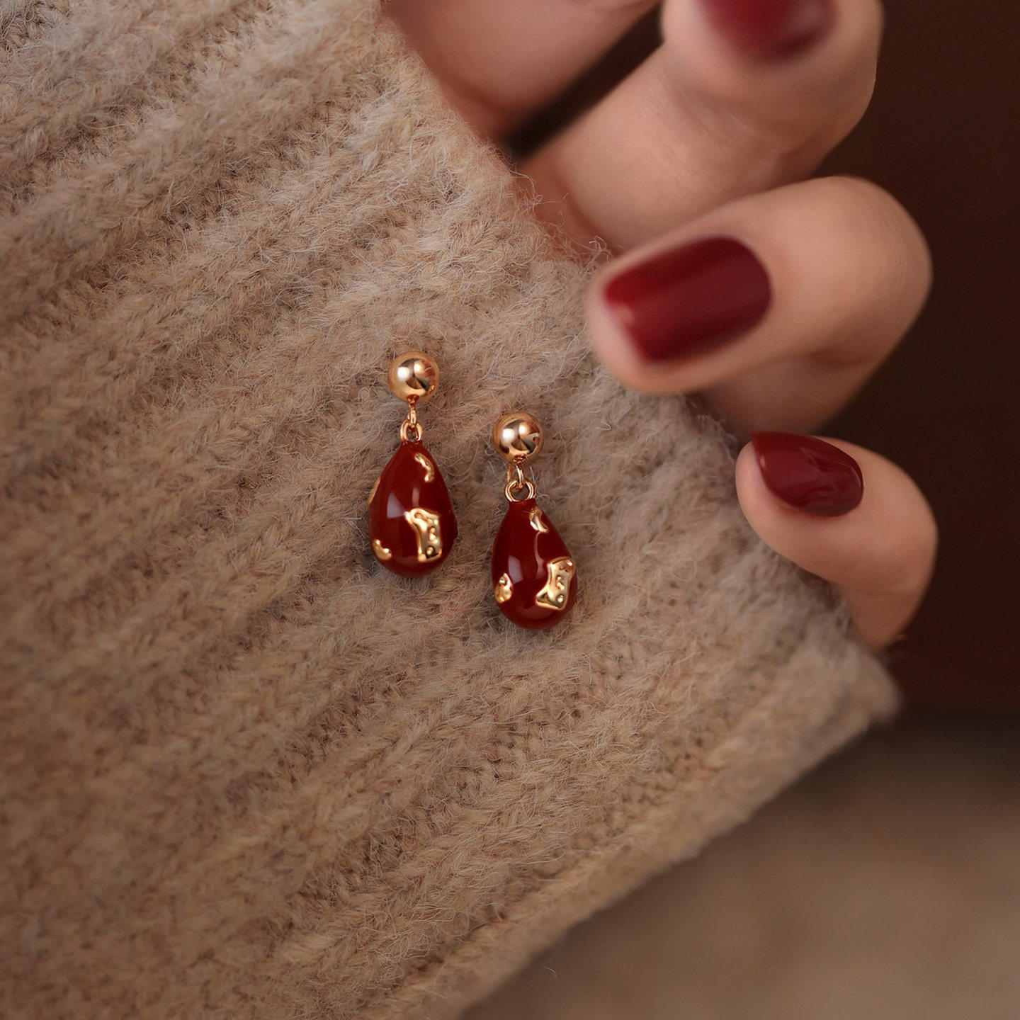 【巷南】999银安可拉红水滴耳钉轻奢耳环2026新过本命马年女耳饰 - 巷南银饰出品