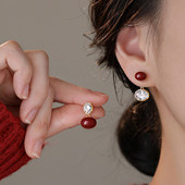 巷南 999银不对称红豆耳钉高级本命年2026马过新年耳环女耳饰