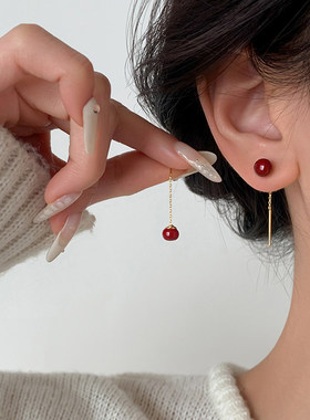 【巷南】999纯银红珠耳线2026过新年耳钉小众本命年马耳环女耳饰