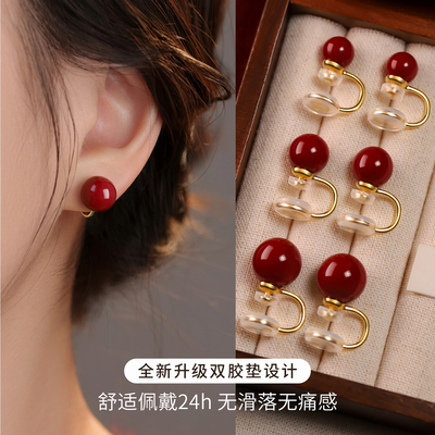 巷南红色珍珠耳夹无耳洞耳钉轻奢