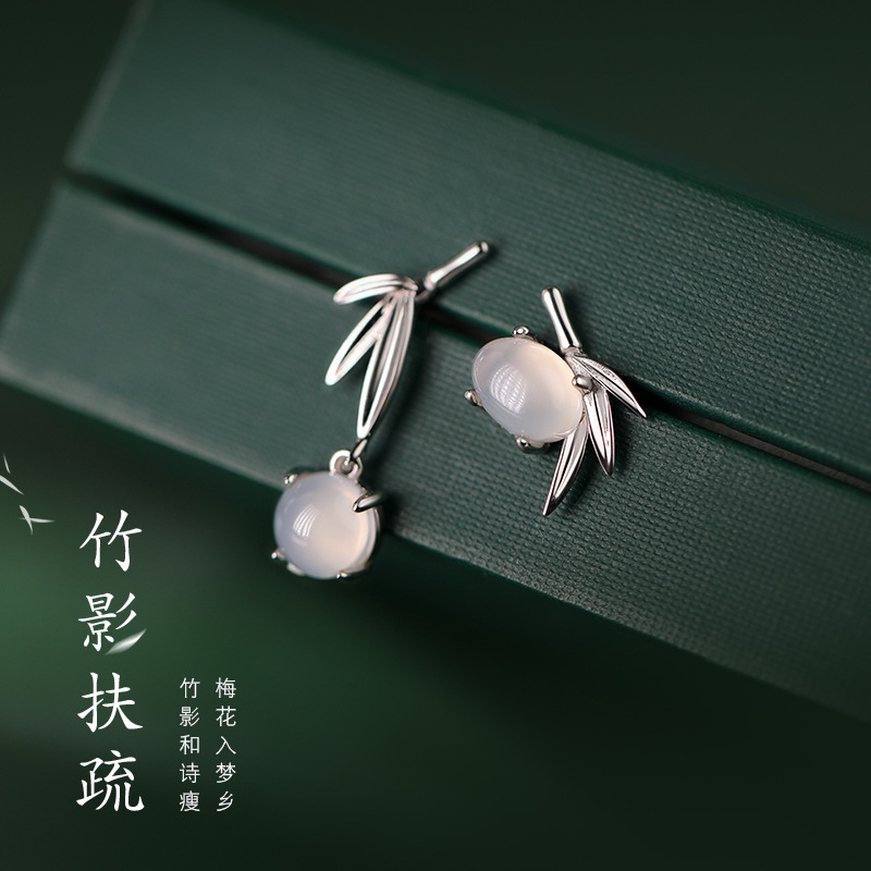 巷南925纯银竹叶水滴耳钉小众女