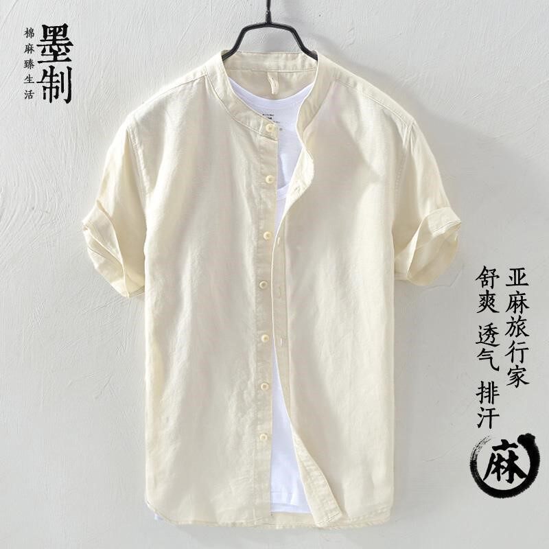 男士亚麻短袖衬衫夏天麻布青年夏装宽松休闲棉麻料衬衣男装上衣服