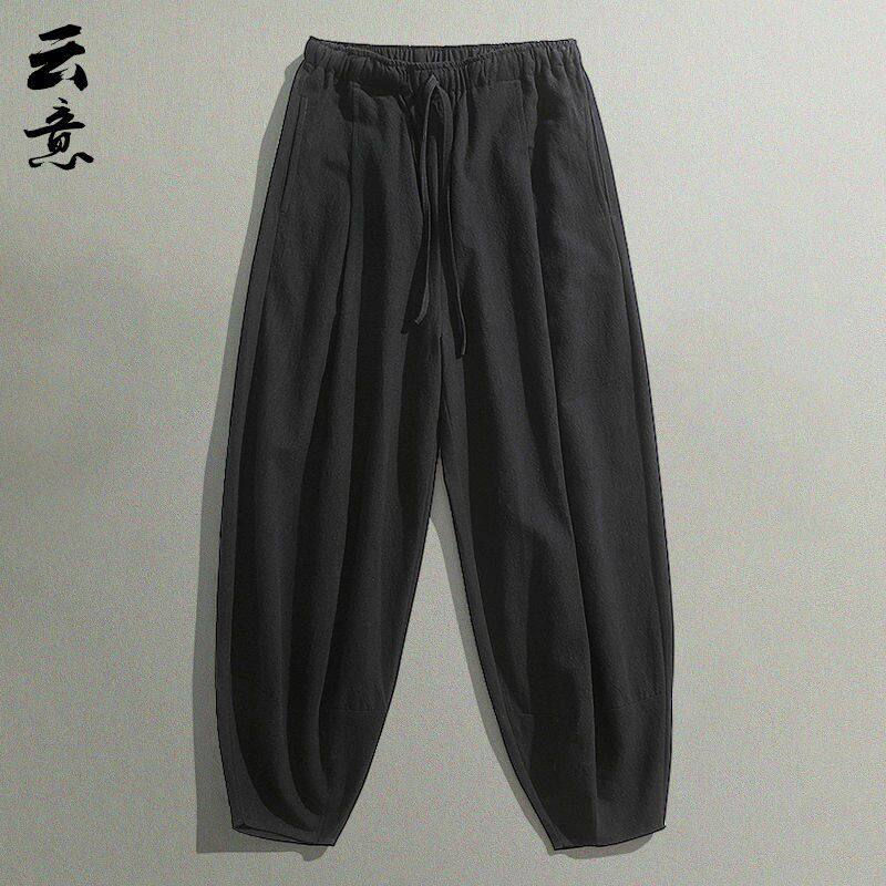 中国风亚麻裤子男春夏加肥加大宽松休闲裤大码阔腿长裤棉麻灯笼裤