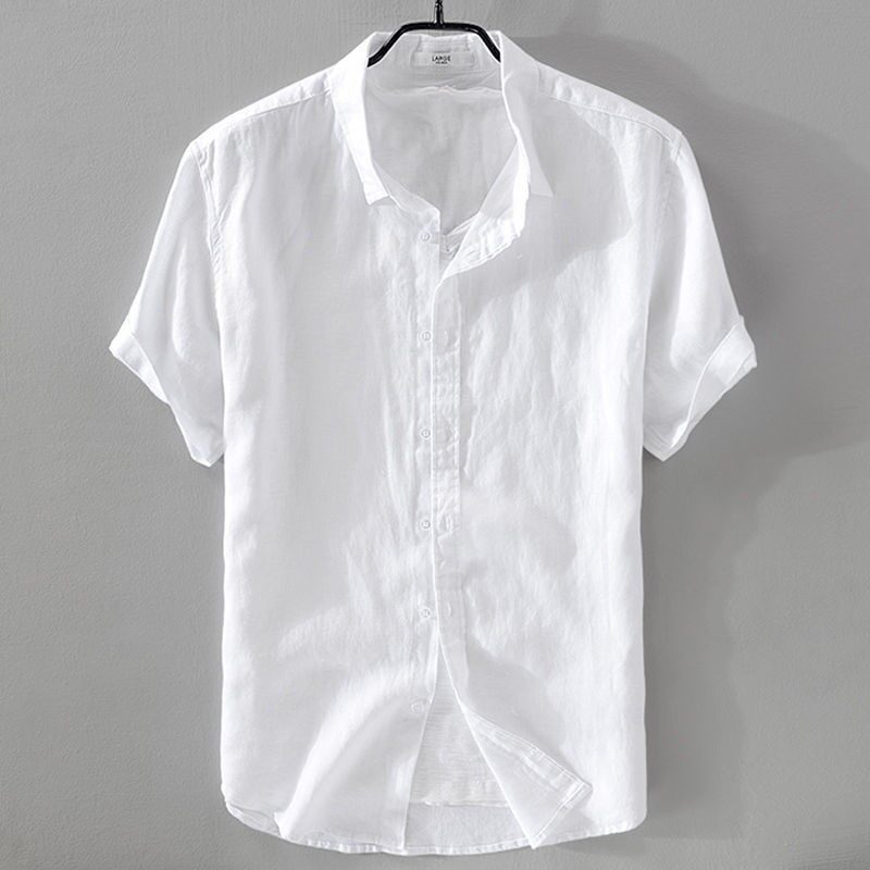 夏季男装亚麻短袖衬衫领t恤夏装休闲麻布衣服青年麻料上衣棉麻T恤