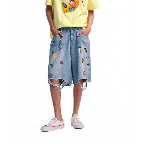 卡通风印花牛仔短裤男夏季水洗宽松破洞五分裤潮流休闲裤