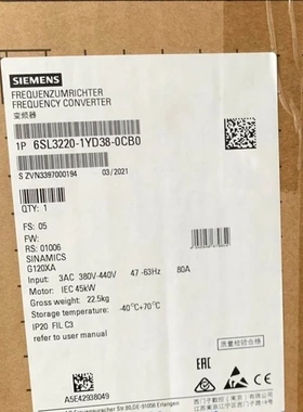 非实价议价议价6SL3220-1YD38-0UB0/OUBO45kW 三相 G120XA变频器