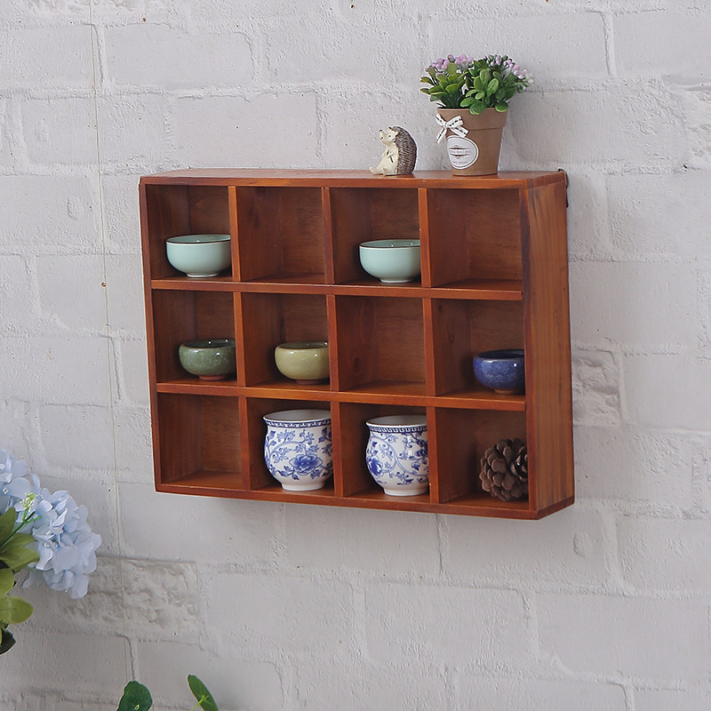 复古实木木质小杂物格子桌面收纳盒分格长方形整理置物架宿舍可挂