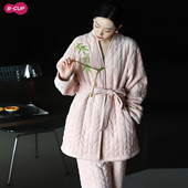 夹棉加厚加绒保暖系带睡袍套装 新中式 盘扣海岛绒睡衣女冬2025新款