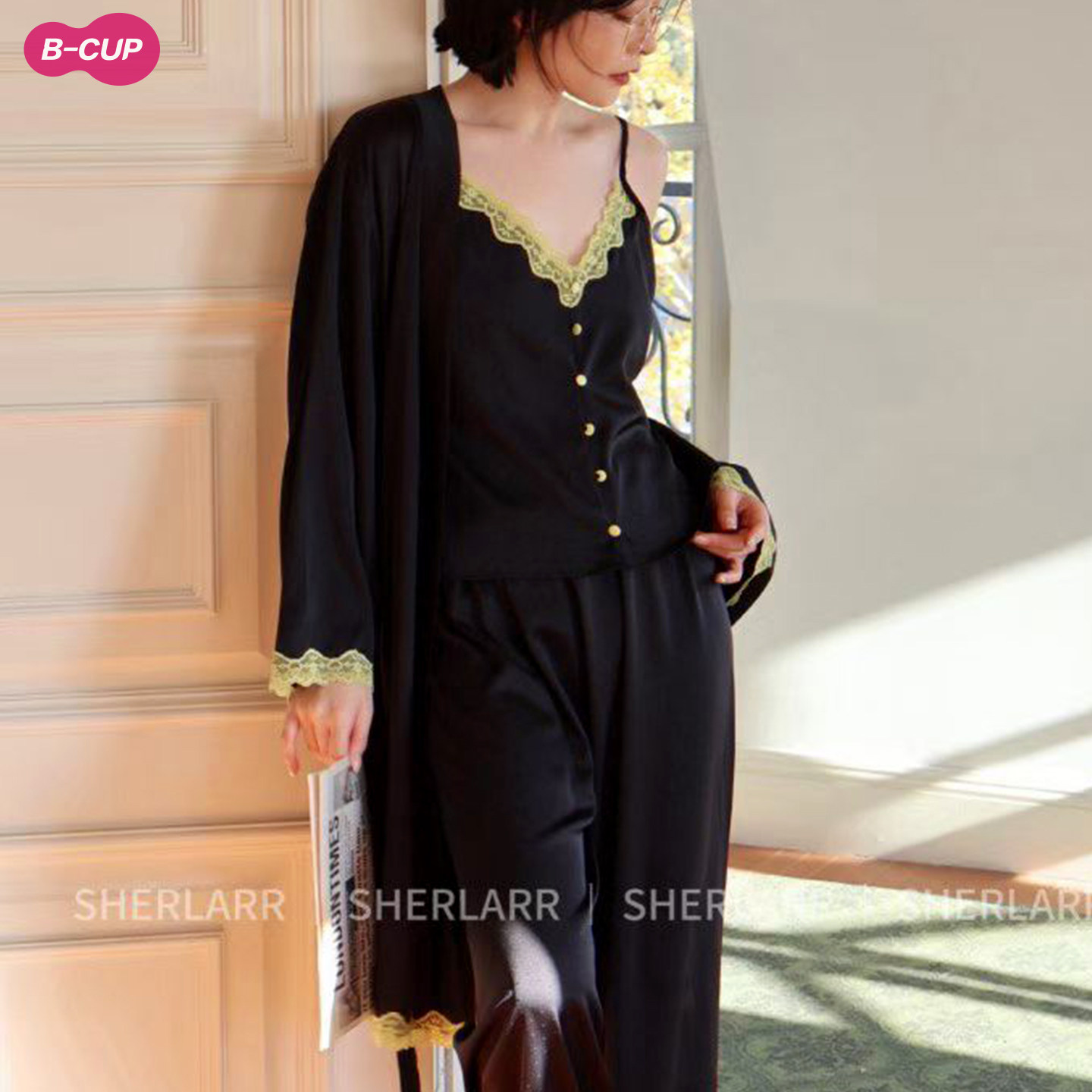 法式复古波点蕾丝睡衣三件套女2026春新款轻奢真丝吊带睡袍家居服