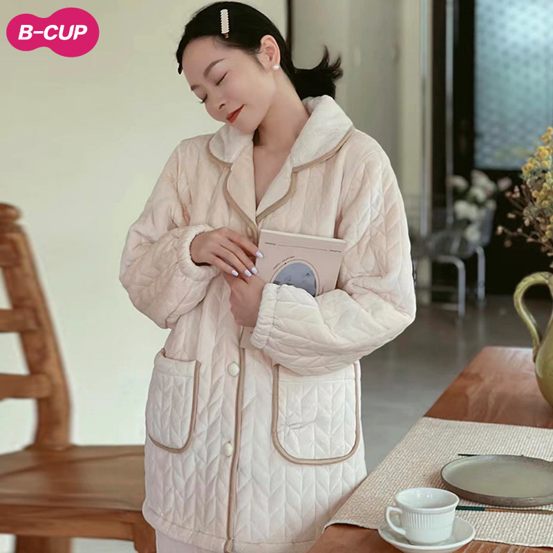 羊羔绒水晶绒睡衣冬季加厚加绒女小个子外穿三层夹棉睡袍睡裤套装