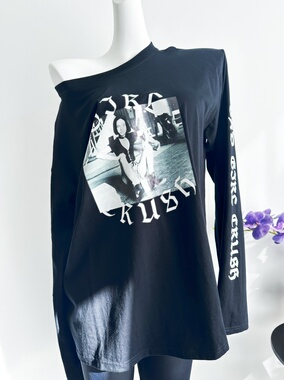 秋冬新款美式街头呀黑色印花图案长袖T恤女设计感小众宽松上衣潮