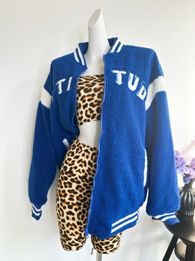 冬季美式复古蓝色拼接字母羊羔毛棉服女宽松休闲棒球服上衣外套潮