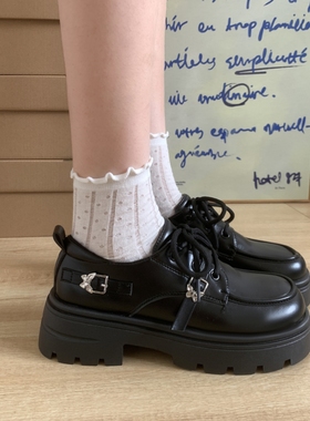 2025秋季厚底小皮鞋女粗跟学院风乐福鞋蝴蝶结小皮鞋百搭系带单鞋