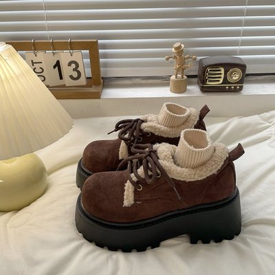 小皮鞋女英伦风厚底增高毛毛鞋
