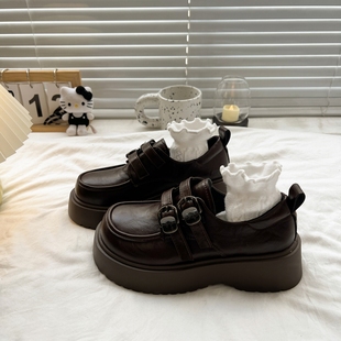 棕色乐福鞋小皮鞋女英伦风小个子厚底增高大头鞋一脚蹬日系jk单鞋