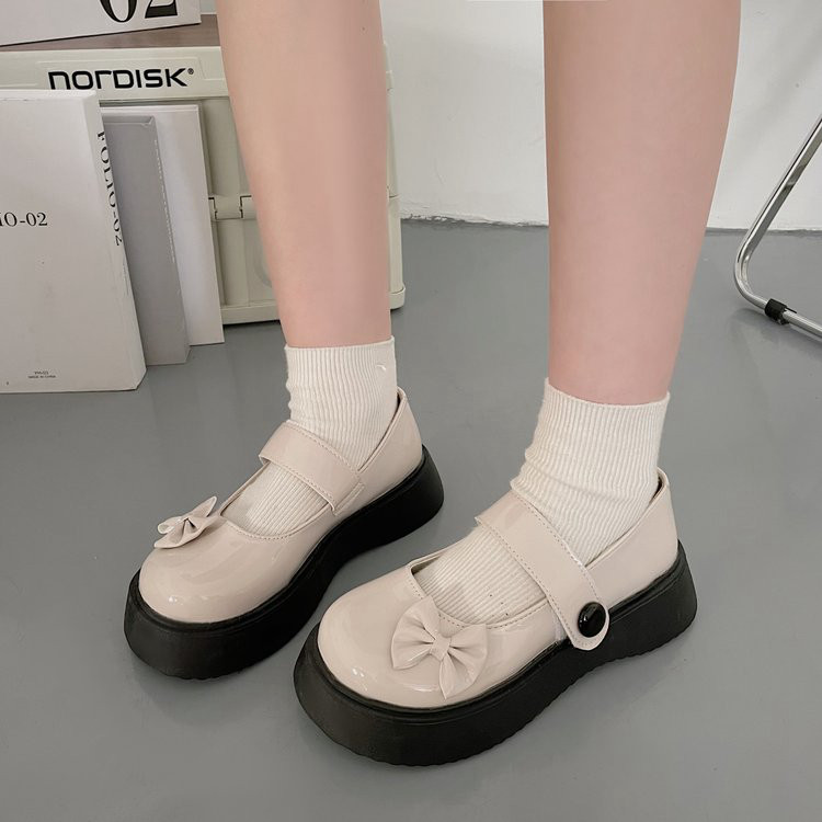 白色蝴蝶结小皮鞋女圆头lolita玛丽珍厚底鞋子复古增高jk仙女单鞋