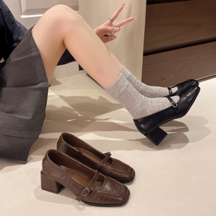 复古高跟鞋 通勤单鞋 女方头小皮鞋 配裙子玛丽珍女鞋 2025秋新款 法式