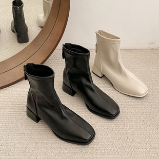 黑色靴子女2025秋冬新款小个子瘦瘦中筒靴粗跟短靴高跟马丁靴单靴