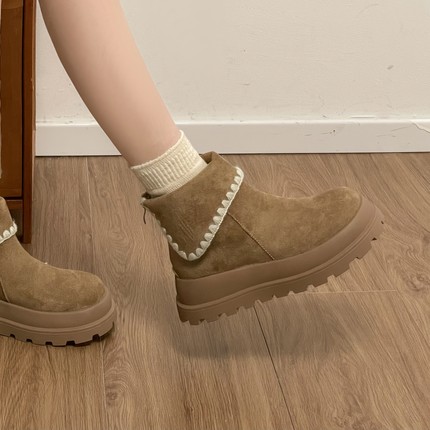 复古勃肯鞋冬季短筒马丁靴女2025秋冬新款圆头厚底加绒雪地靴大码