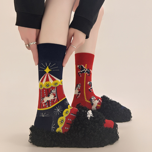 【5双装】不对称设计2026新年马年AB袜子红色男女本命年中筒棉袜