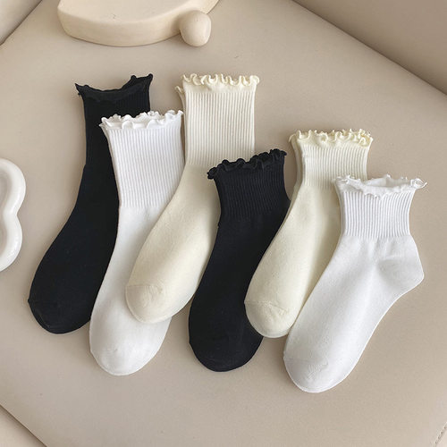 【3双装】木耳边jk袜子女中筒玛丽珍小皮鞋配春夏新品白色堆堆袜