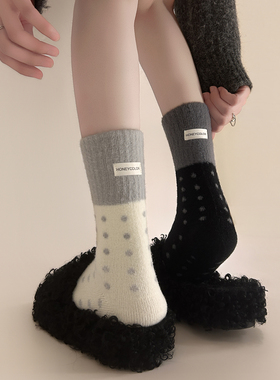 【5双装】澳绒后跟布标波点拼色袜子女秋冬加厚保暖居家款中筒袜