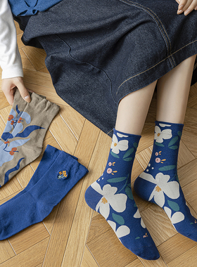 【3双装】克莱因蓝袜子春夏女ins潮网红中筒袜蓝色棉可爱复古女袜