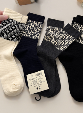 【5双装】秋冬加厚字母外穿洋气灰色ins风堆堆袜羊毛拼色中筒袜女