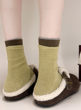 【4双装】芥末黄美dai~chao细腻的撞色羊毛袜~袜子女秋冬保暖中筒