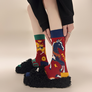 【5双装】原创AB不对称鸳鸯袜~栩栩如生的马儿爱了!红色新年袜~